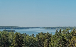 Espoo Bay in summer morning photographed from a flat house balcony facing sea. Taken one day before summer solstice.